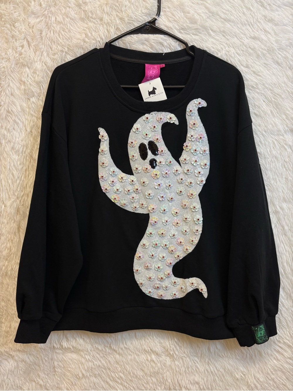 NWT Queen Of Sparkles Black & White Embellished Flower Sequin Ghost Sweatshirt 👻